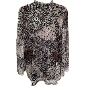 Chico's 3 XL Black and Brown Animal Print Mesh Overlay Blouse Mock Neck